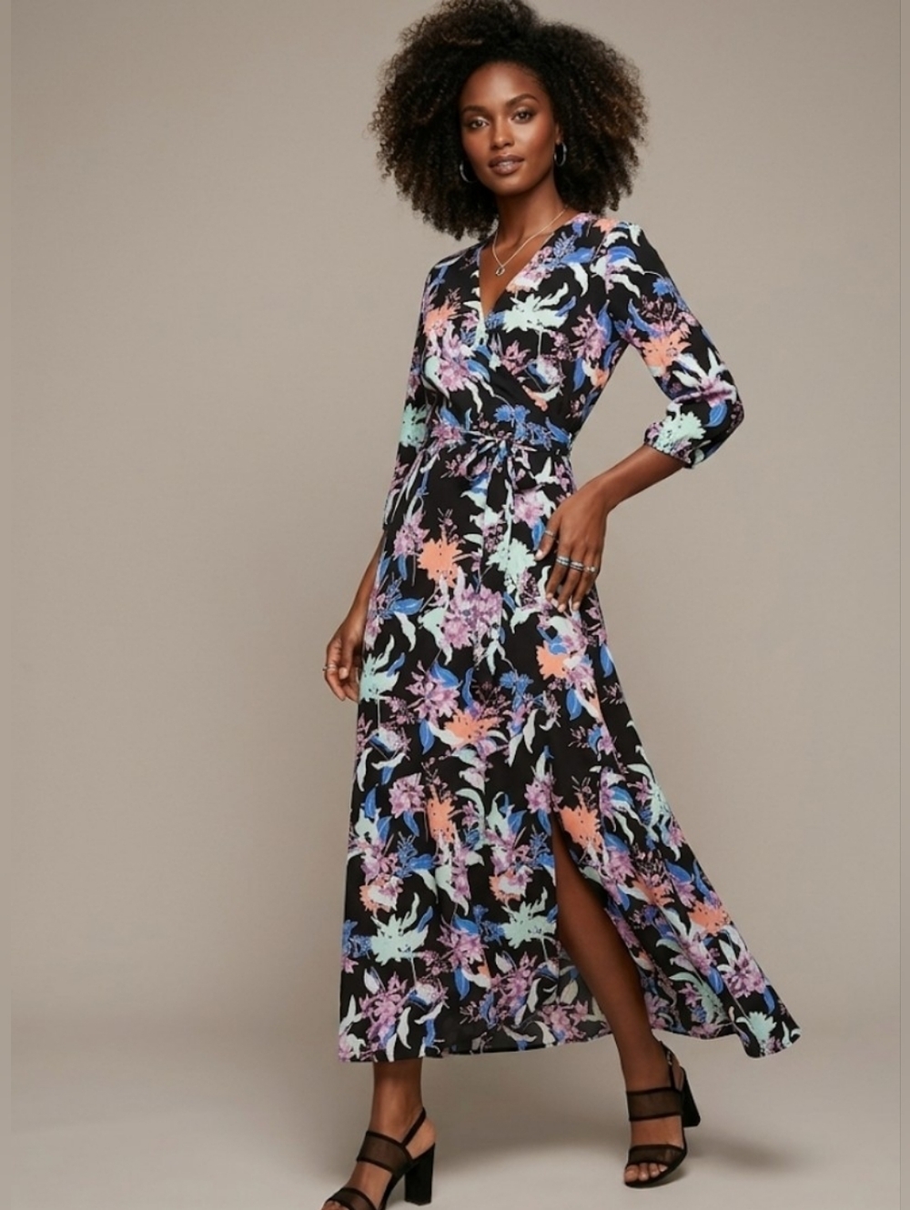 bar III Floral Faux Wrap High-Low Maxi Dress Black Pink Small Size S